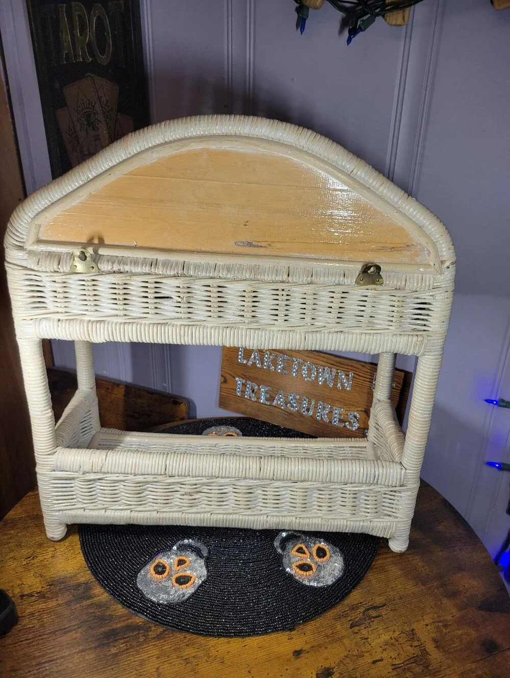 Pier 1 Cream Wicker Two-Tier Shelf with Carved Back